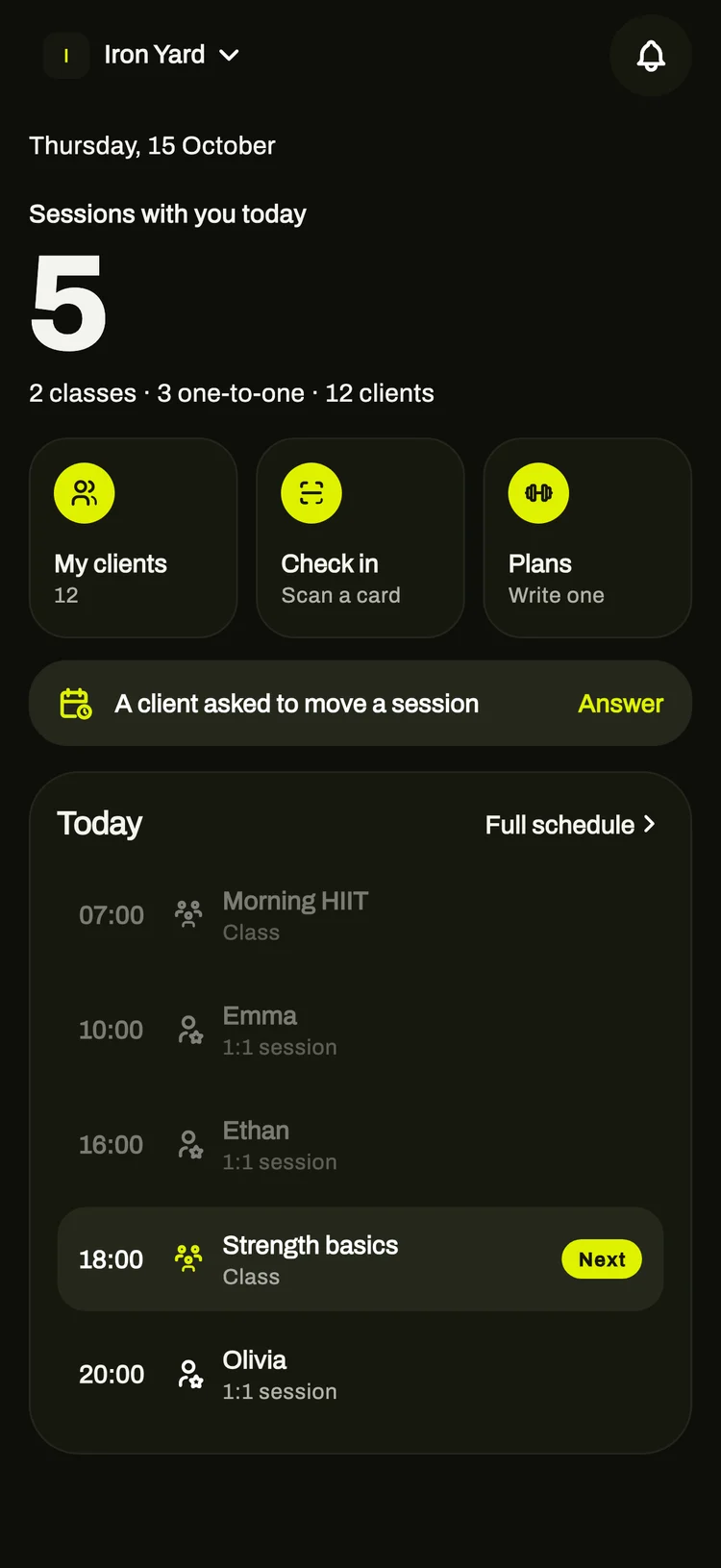 The coach home screen