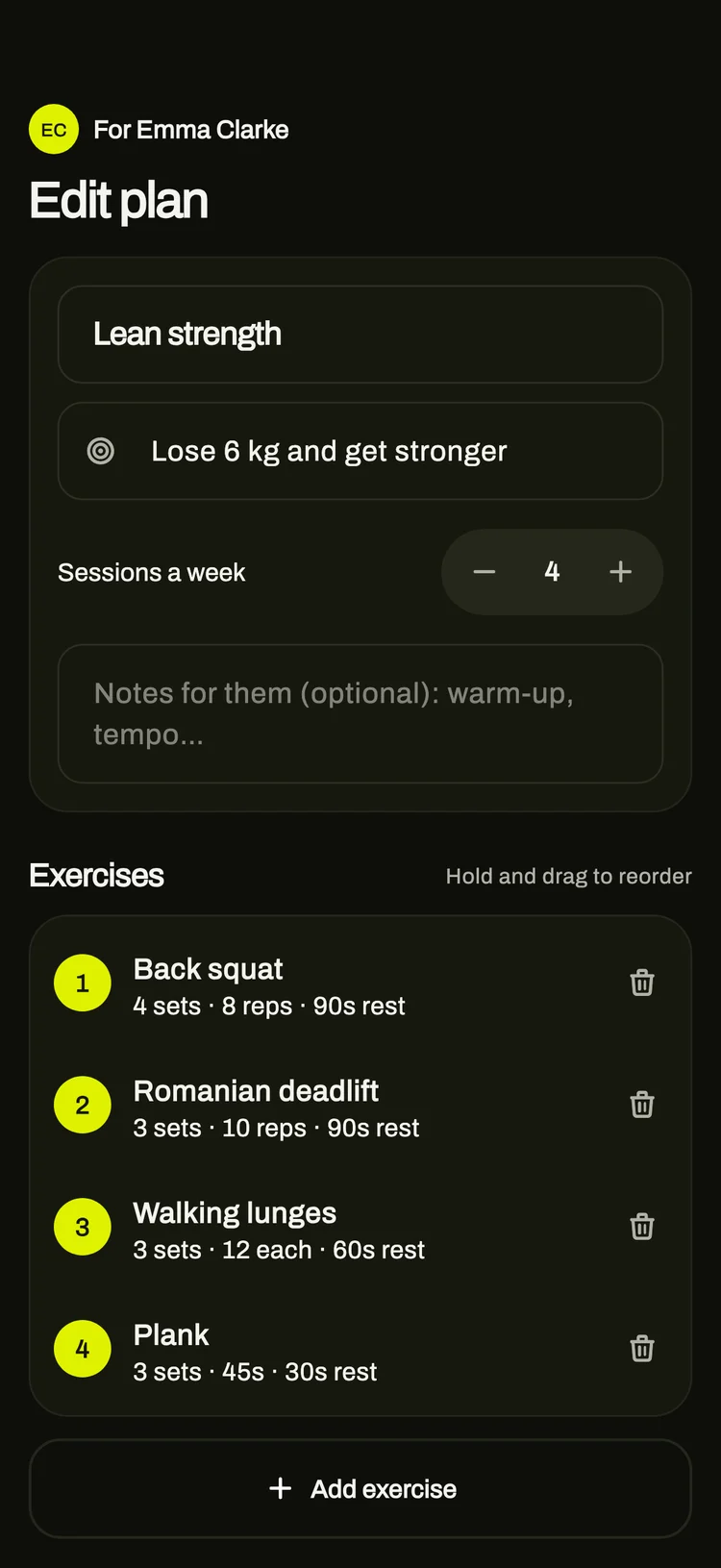 A coach editing a member’s weekly plan