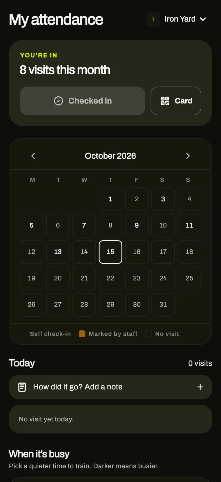 A member’s visits this month on a calendar
