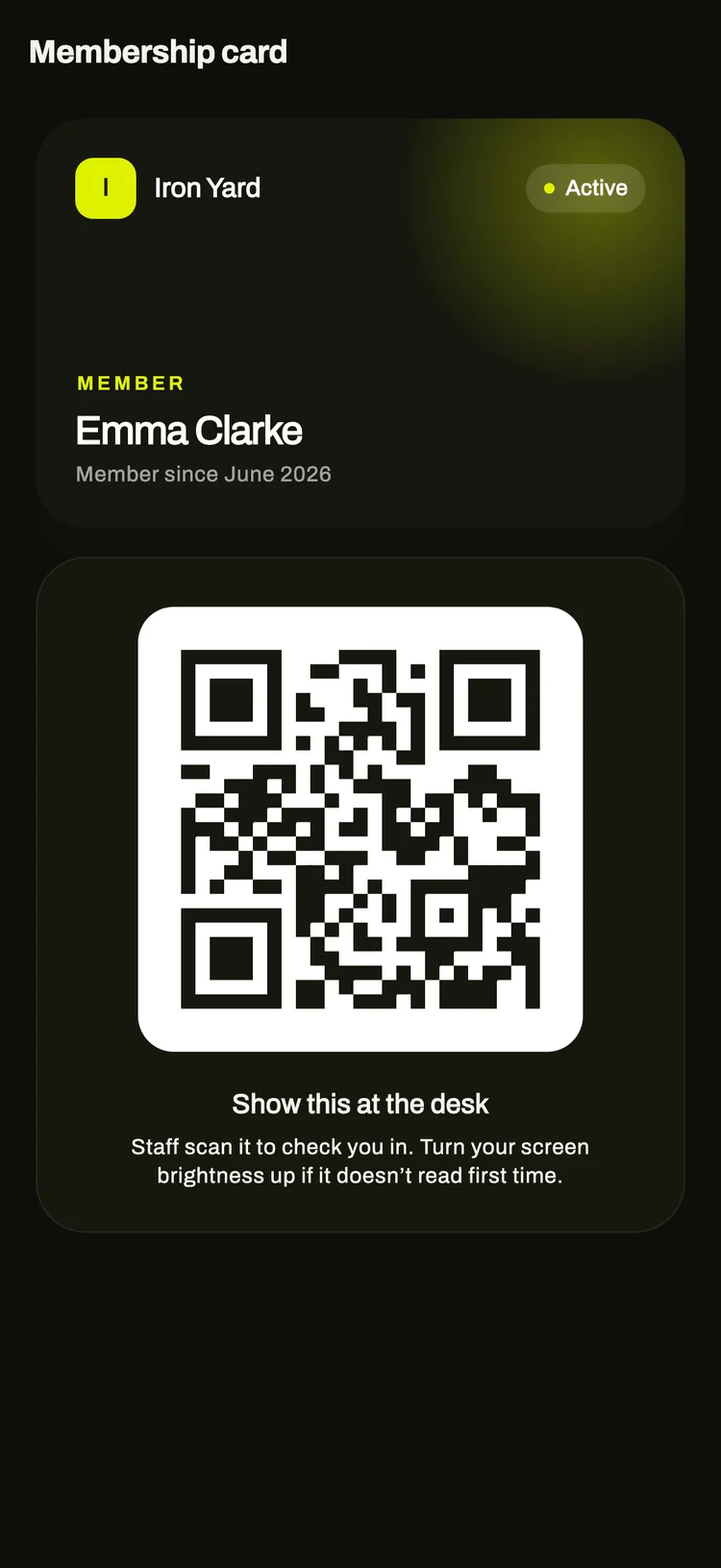 A member’s membership card with its QR code