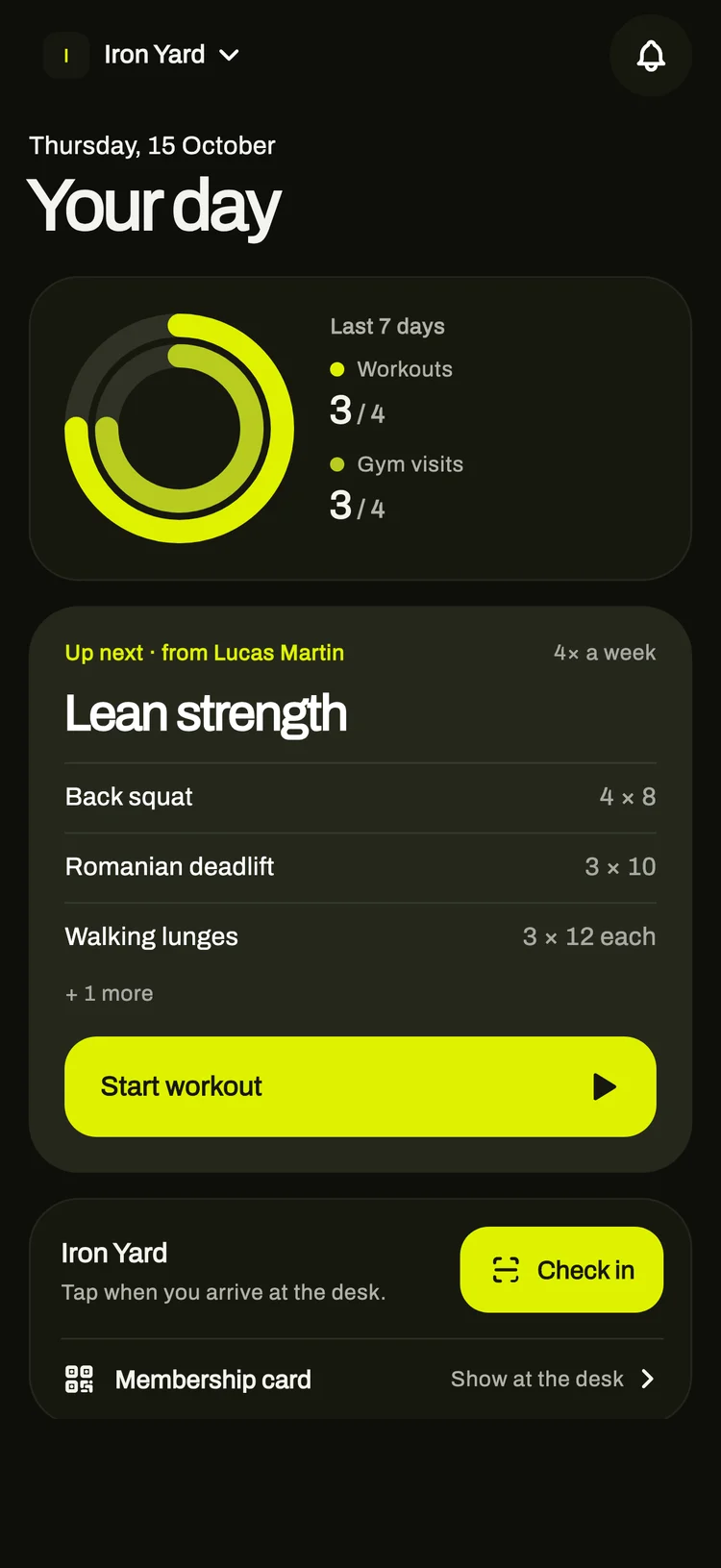 The member app: this week’s training, the next workout and check-in